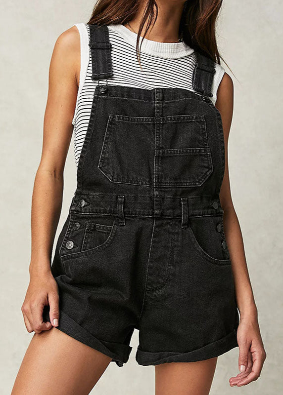 Black Denim Short Overalls Crow