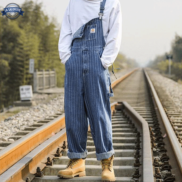 Denim Overalls Striped Man Raincoat