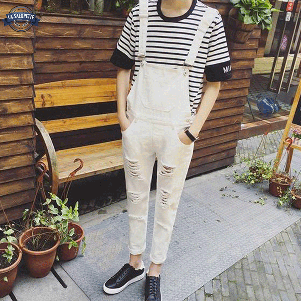 Denim Overalls Beige Torn Katze