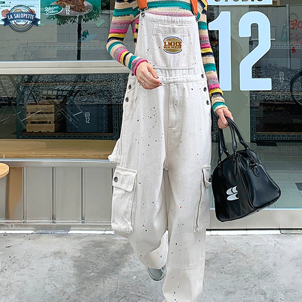 Denim Overalls Spotted White