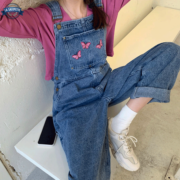 Denim Overalls Butterfly Embroidery