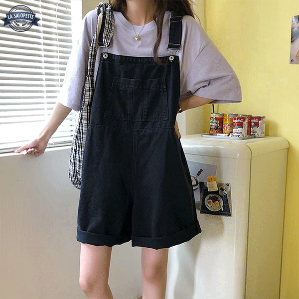 Short Overalls Woman in Fishnet Jeans